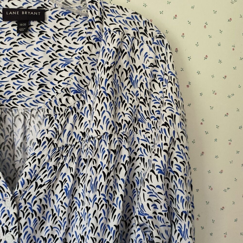Lane Bryant Peasant Top Women 18/20 Black Blue White Print V Neck High Low Tunic - Picture 3 of 14